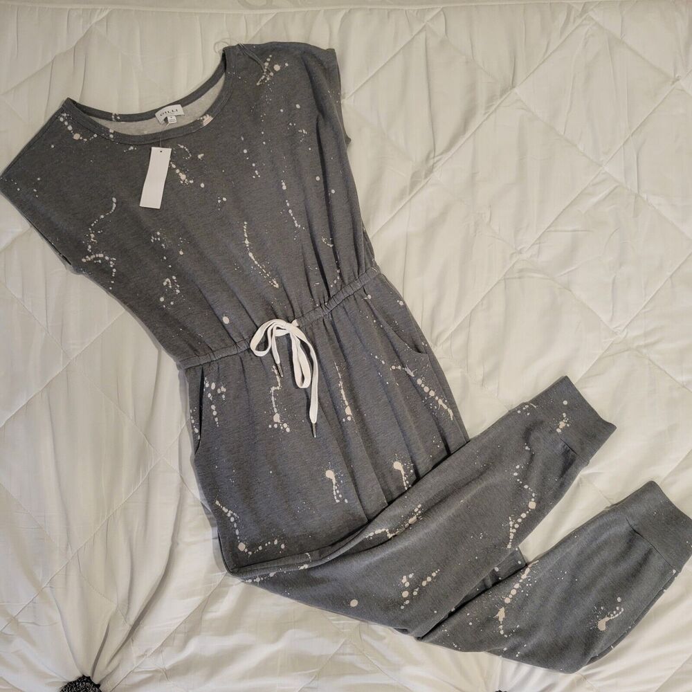 GILLI womens jogger style jumpsuit NWT szM gray with bleach splatter. Grungewear